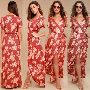 HEART OF MARIGOLD RUST RED FLORAL WRAP MAXI DRESS